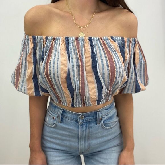 Ulla Johnson Off The Shoulder Seersucker Striped Crop Top - Picture 12 of 13